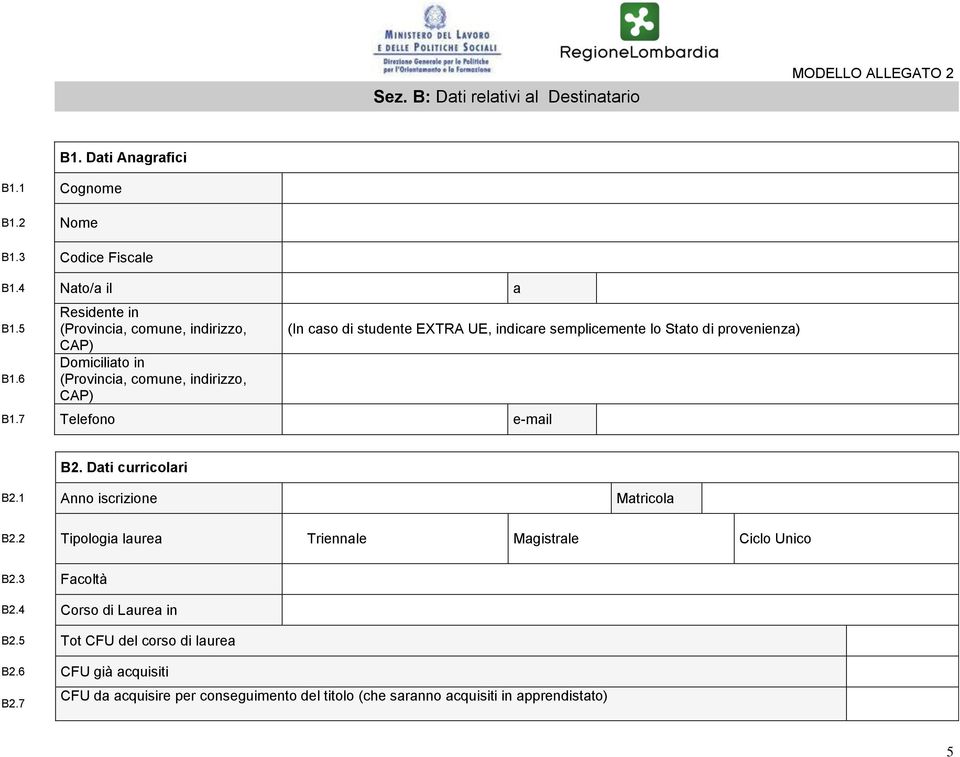 Stato di provenienza) B1.7 Telefono e-mail B2. Dati curricolari B2.1 Anno iscrizione Matricola B2.2 Tipologia laurea Triennale Magistrale Ciclo Unico B2.