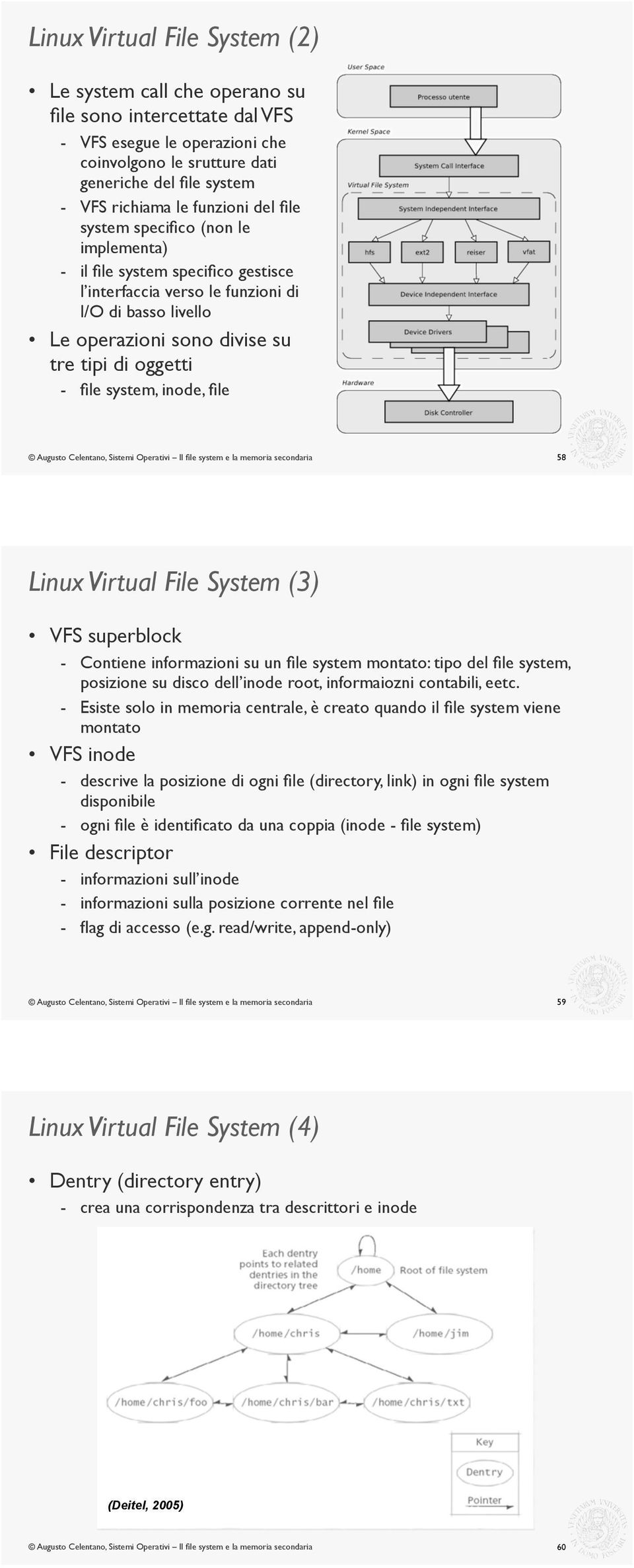 file system, inode, file 58 Linux Virtual File System (3) VFS superblock - Contiene informazioni su un file system montato: tipo del file system, posizione su disco dell inode root, informaiozni