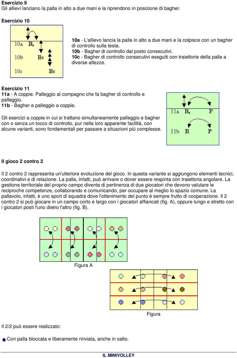 10c - Bagher di controllo consecutivi eseguiti con traiettorie della palla a diverse altezze. Esercizio 11 11a - A coppie. Palleggio al compagno che fa bagher di controllo e palleggio.