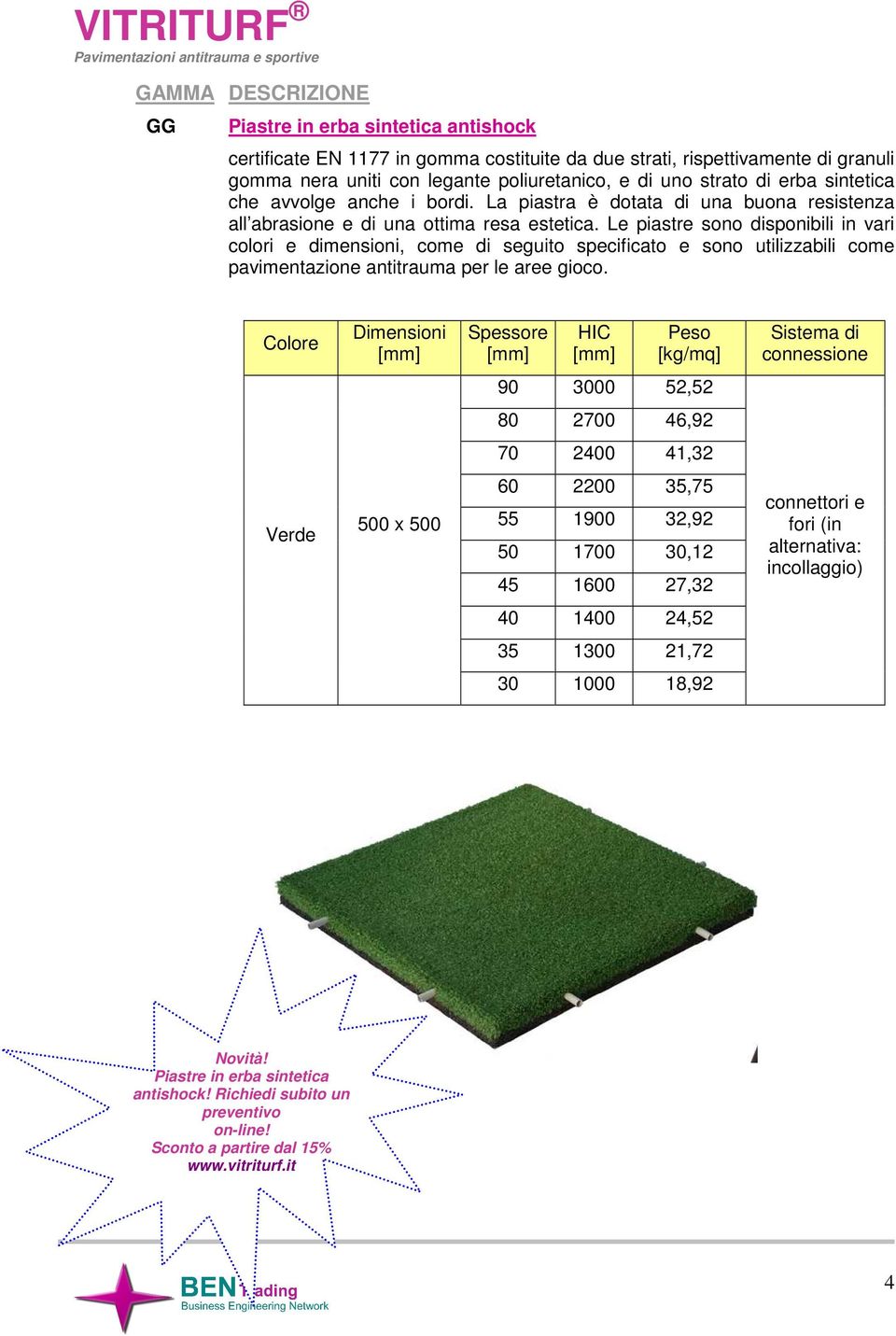 Le piastre sono disponibili in vari colori e dimensioni, come di seguito specificato e sono utilizzabili come pavimentazione antitrauma per le aree gioco.