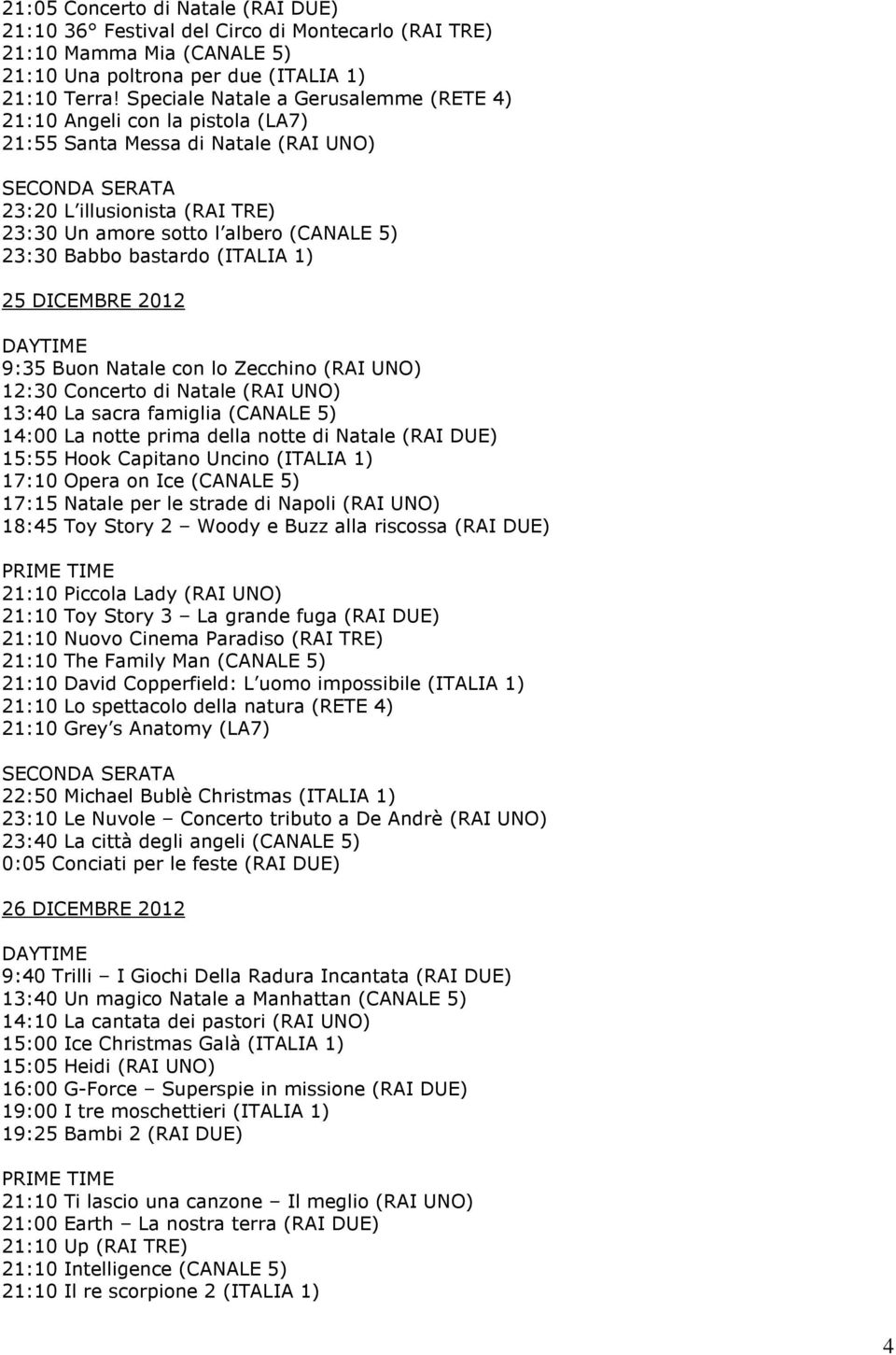 23:30 Babbo bastardo (ITALIA 1) 25 DICEMBRE 2012 DAYTIME 9:35 Buon Natale con lo Zecchino (RAI UNO) 12:30 Concerto di Natale (RAI UNO) 13:40 La sacra famiglia (CANALE 5) 14:00 La notte prima della