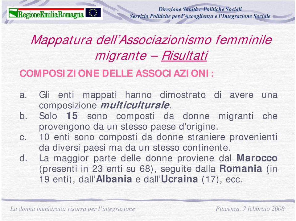 Solo 15 sono composti da donne migranti che provengono da un stesso paese d origine. c. 10 enti sono composti da donne straniere provenienti da diversi paesi ma da un stesso continente.