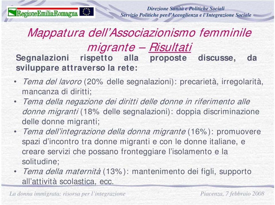 segnalazioni): doppia discriminazione delle donne migranti; Tema dell integrazione della donna migrante (16%): promuovere spazi d incontro tra donne migranti e con le