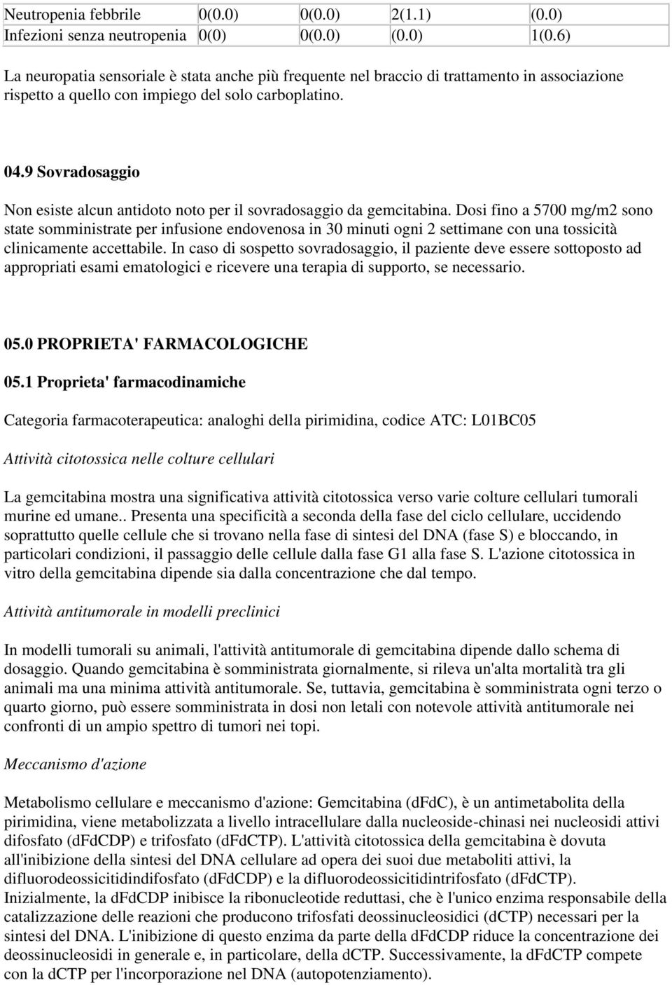 9 Sovradosaggio Non esiste alcun antidoto noto per il sovradosaggio da gemcitabina.