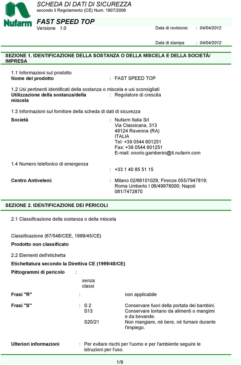 3 Informazioni sul fornitore della scheda di dati di sicurezza Società : Nufarm Italia Srl Via Classicana, 313 48124 Ravenna (RA) ITALIA Tel: +39 0544 601251 Fax: +39 0544 601251 E-mail: onorio.