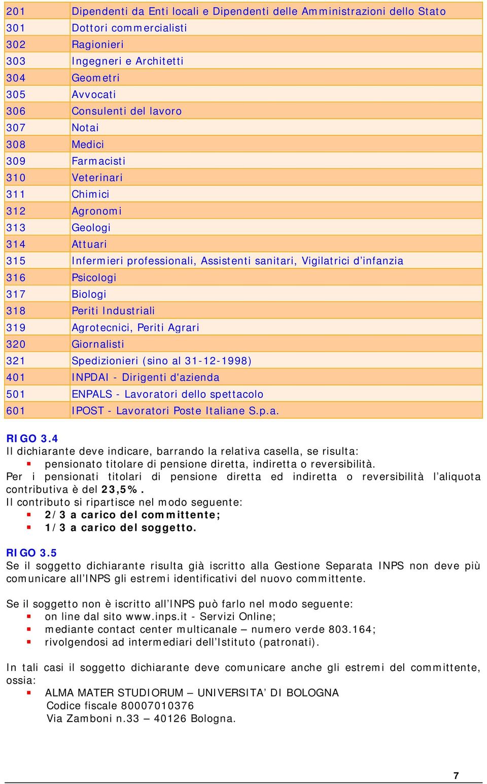 318 Periti Industriali 319 Agrotecnici, Periti Agrari 320 Giornalisti 321 Spedizionieri (sino al 31-12-1998) 401 INPDAI - Dirigenti d'azienda 501 ENPALS - Lavoratori dello spettacolo 601 IPOST -