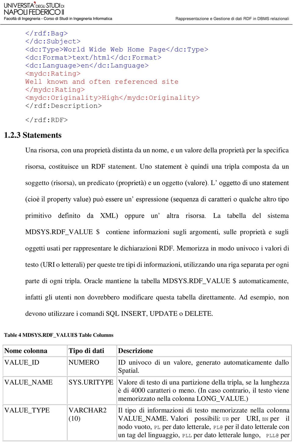 3 Statements Una risorsa, con una proprietà distinta da un nome, e un valore della proprietà per la specifica risorsa, costituisce un RDF statement.