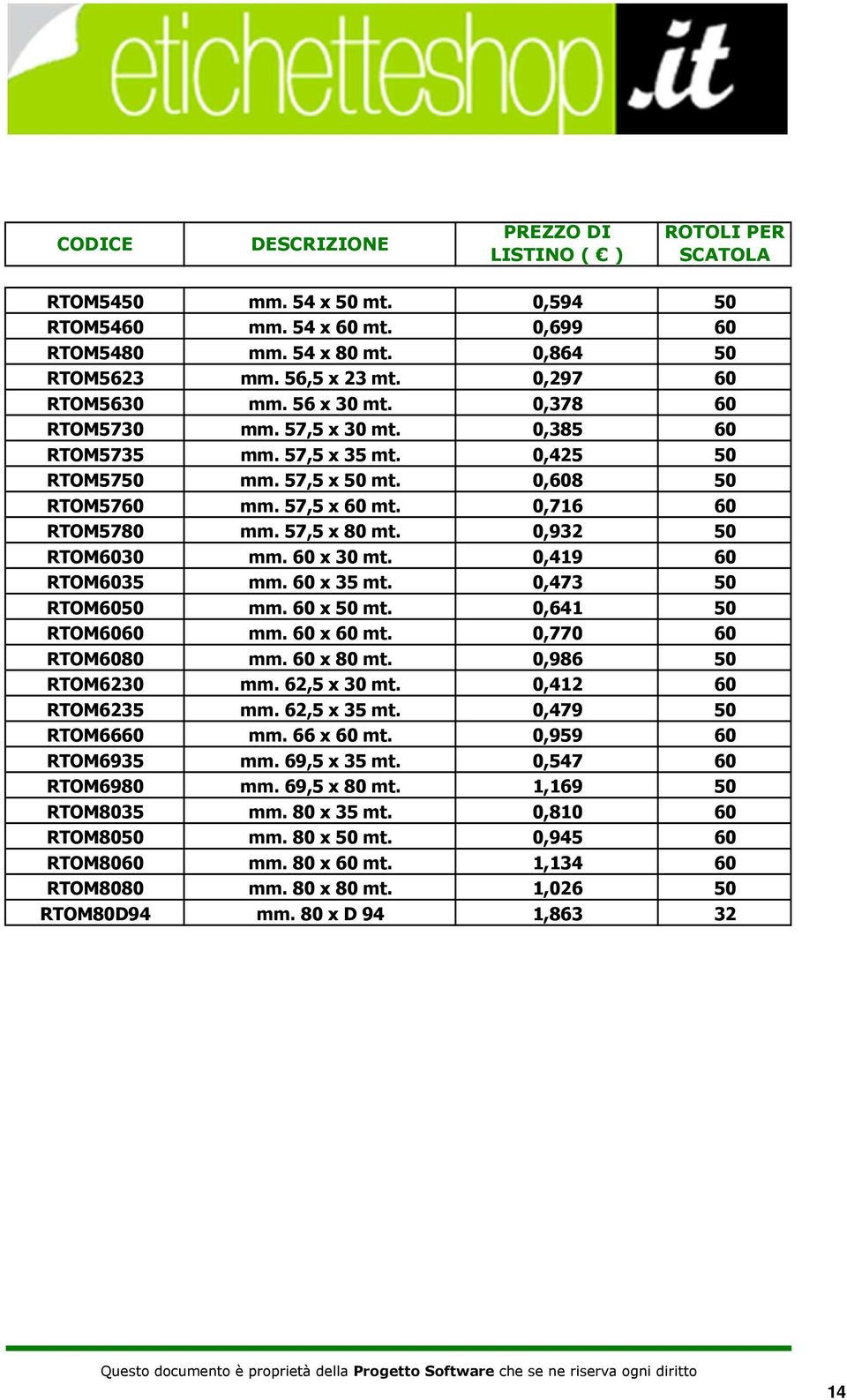 x 35 mt. 0,473 RTOM mm. x mt. 0,641 RTOM mm. x mt. 0,770 RTOM80 mm. x 80 mt. 0,986 RTOM6230 mm. 62,5 x 30 mt. 0,412 RTOM6235 mm. 62,5 x 35 mt. 0,479 RTOM66 mm. 66 x mt. 0,959 RTOM6935 mm.