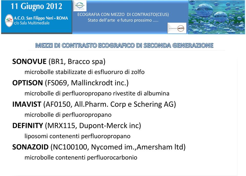 Corp e Schering AG) microbolle di perfluoropropano DEFINITY(MRX115, Dupont-Merck inc) liposomi