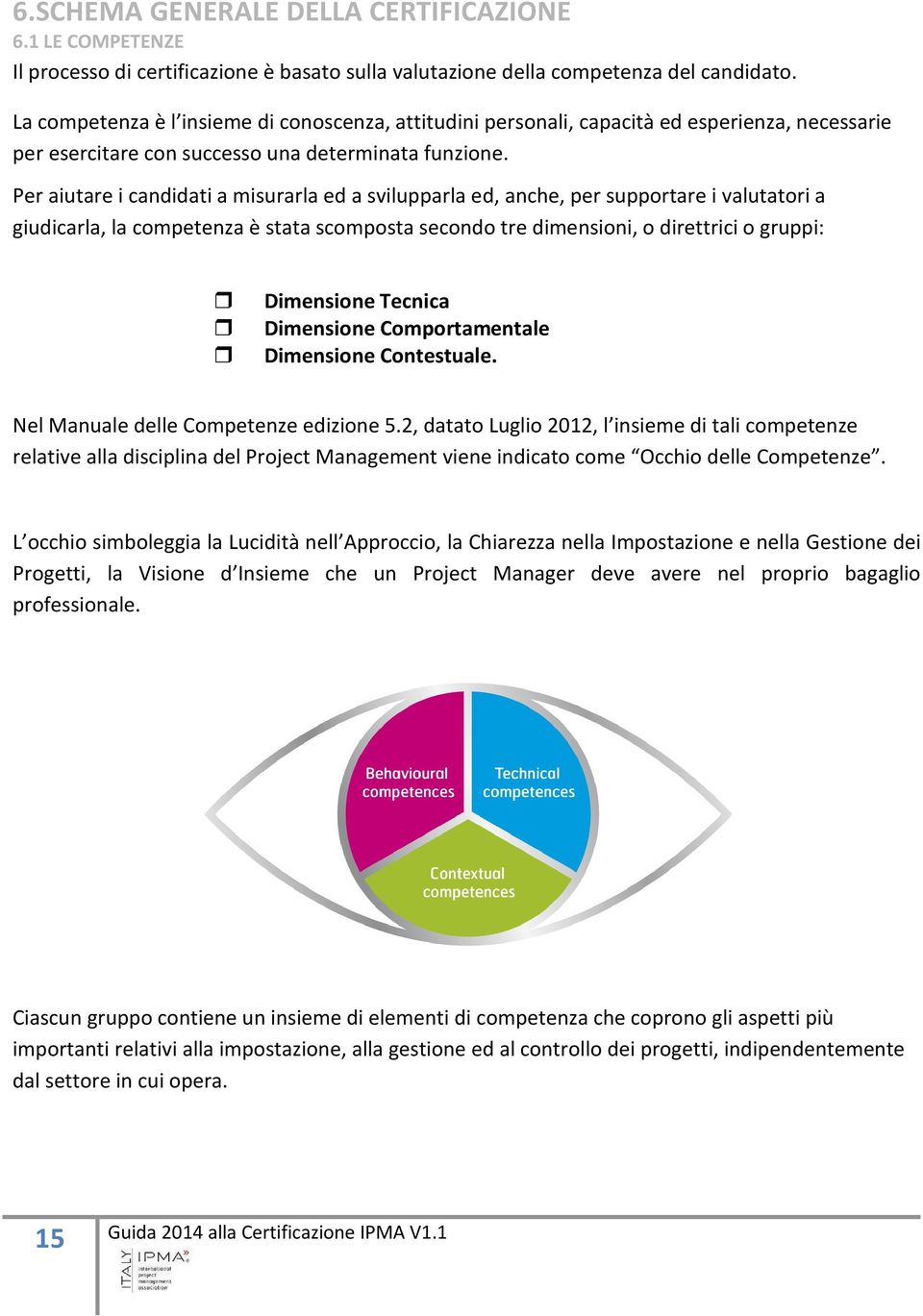 Per aiutare i candidati a misurarla ed a svilupparla ed, anche, per supportare i valutatori a giudicarla, la competenza è stata scomposta secondo tre dimensioni, o direttrici o gruppi: Dimensione