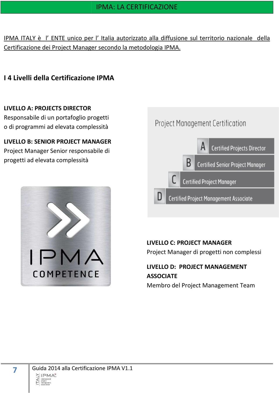 I 4 Livelli della Certificazione IPMA LIVELLO A: PROJECTS DIRECTOR Responsabile di un portafoglio progetti o di programmi ad elevata complessità