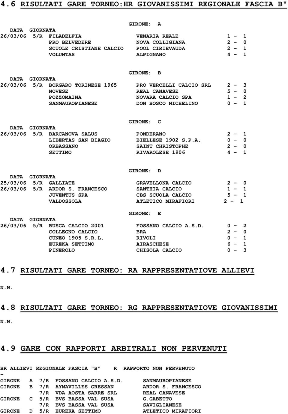26/03/06 5/R BARCANOVA SALUS PONDERANO 2-1 LIBERTAS SAN BIAGIO BIELLESE 1902 S.P.A. 0-0 ORBASSANO SAINT CHRISTOPHE 2-0 SETTIMO RIVAROLESE 1906 4-1 GIRONE: D 25/03/06 5/R GALLIATE GRAVELLONA CALCIO 2-0 26/03/06 5/R ARDOR S.