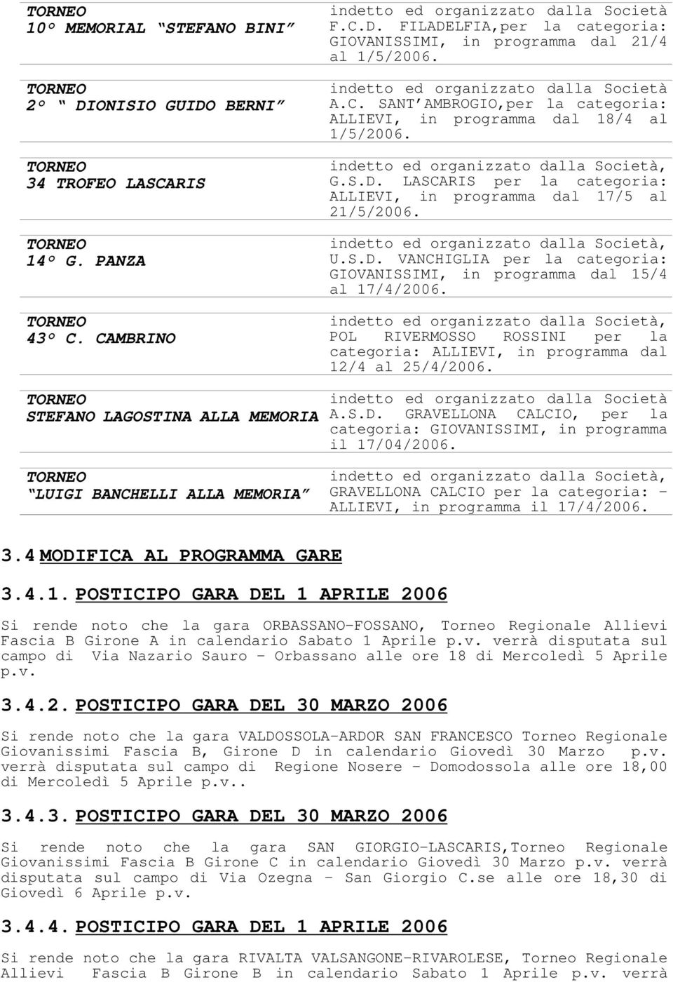 LASCARIS per la categoria: ALLIEVI, in programma dal 17/5 al 21/5/2006. indetto ed organizzato dalla Società, U.S.D. VANCHIGLIA per la categoria: GIOVANISSIMI, in programma dal 15/4 al 17/4/2006.