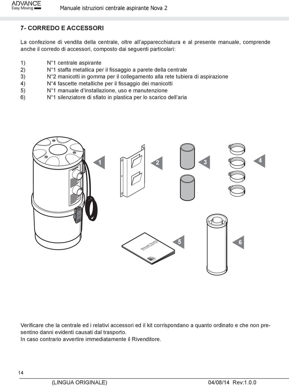 aspirazione 4) N 4 fascette metalliche per il fi ssaggio dei manicotti 5) N 1 manuale d installazione, uso e manutenzione 6) N 1 silenziatore di sfi ato in plastica per lo scarico dell aria 1 2 3 4