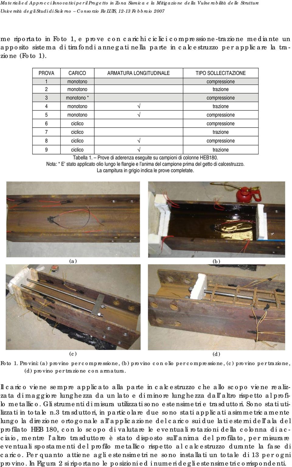 ciclico trazione 8 ciclico compressione 9 ciclico trazione Tabella 1. Prove di aderenza eseguite su campioni di colonne HEB180.