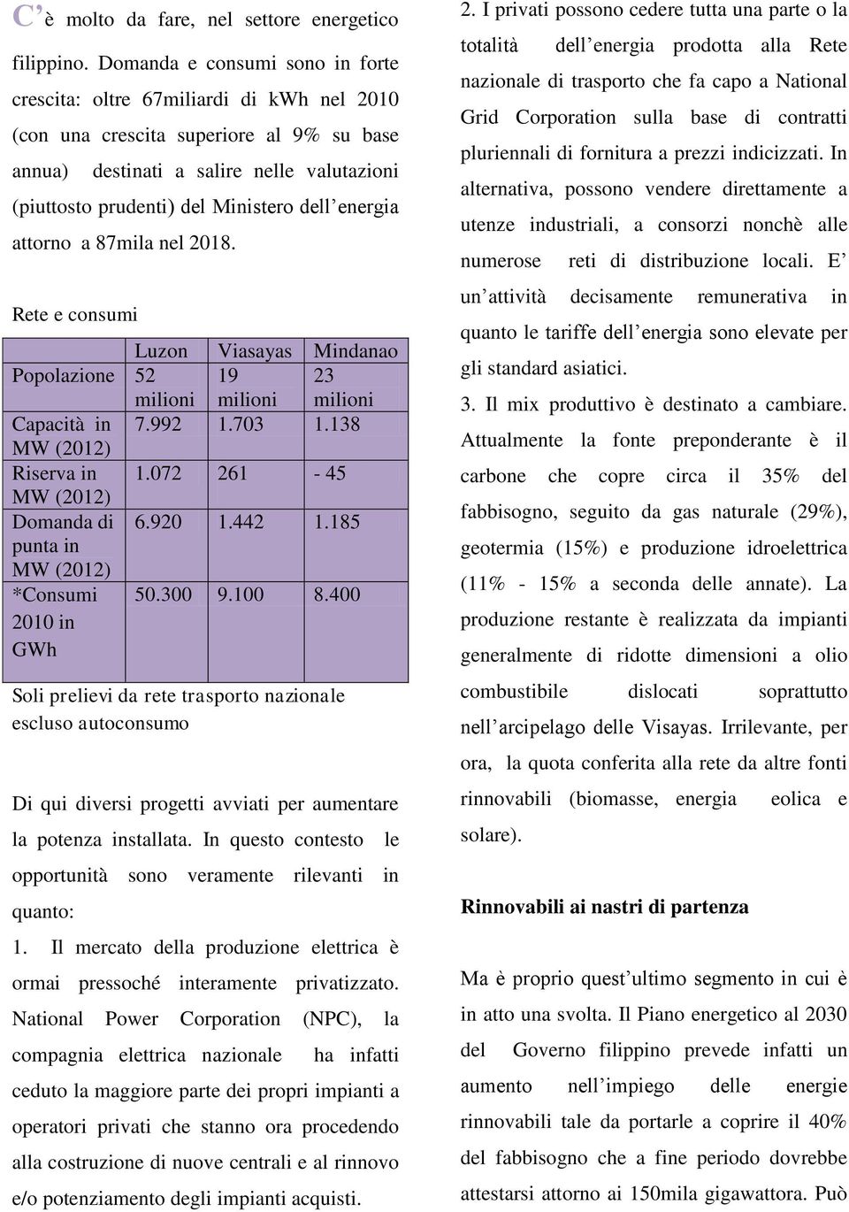 dell energia attorno a 87mila nel 2018. Rete e consumi Luzon Viasayas Mindanao Popolazione 52 milioni 19 milioni 23 milioni Capacità in 7.992 1.703 1.138 MW (2012) Riserva in 1.