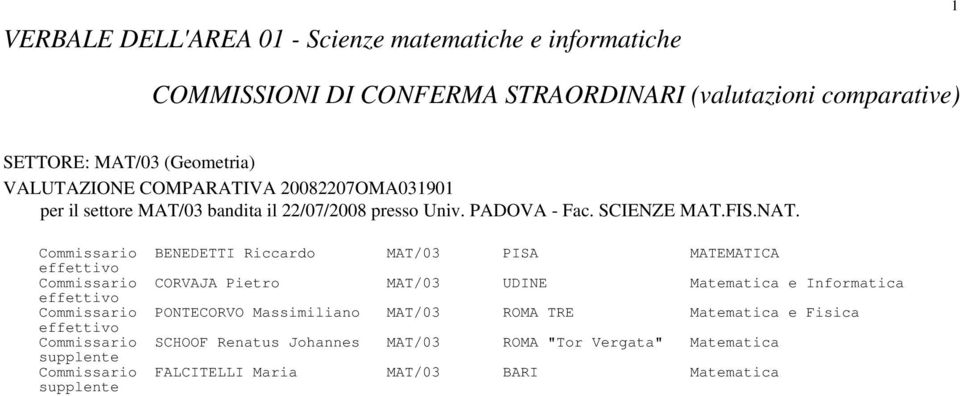 Commissario BENEDETTI Riccardo MAT/03 PISA MATEMATICA Commissario CORVAJA Pietro MAT/03 UDINE Matematica e Informatica Commissario