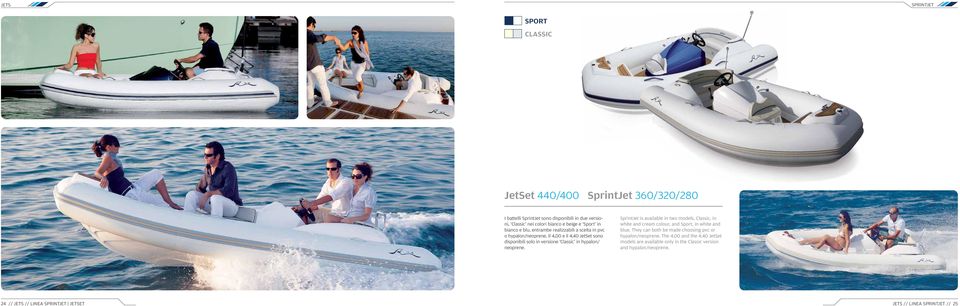 SprintJet is available in two models, Classic, in white and cream colour, and Sport, in white and blue. They can both be made choosing pvc or hypalon/neoprene.