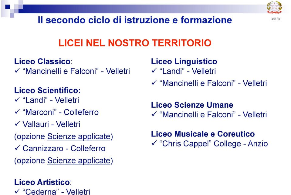 Colleferro (opzione Scienze applicate) Liceo Linguistico Landi - Velletri Mancinelli e Falconi - Velletri Liceo Scienze