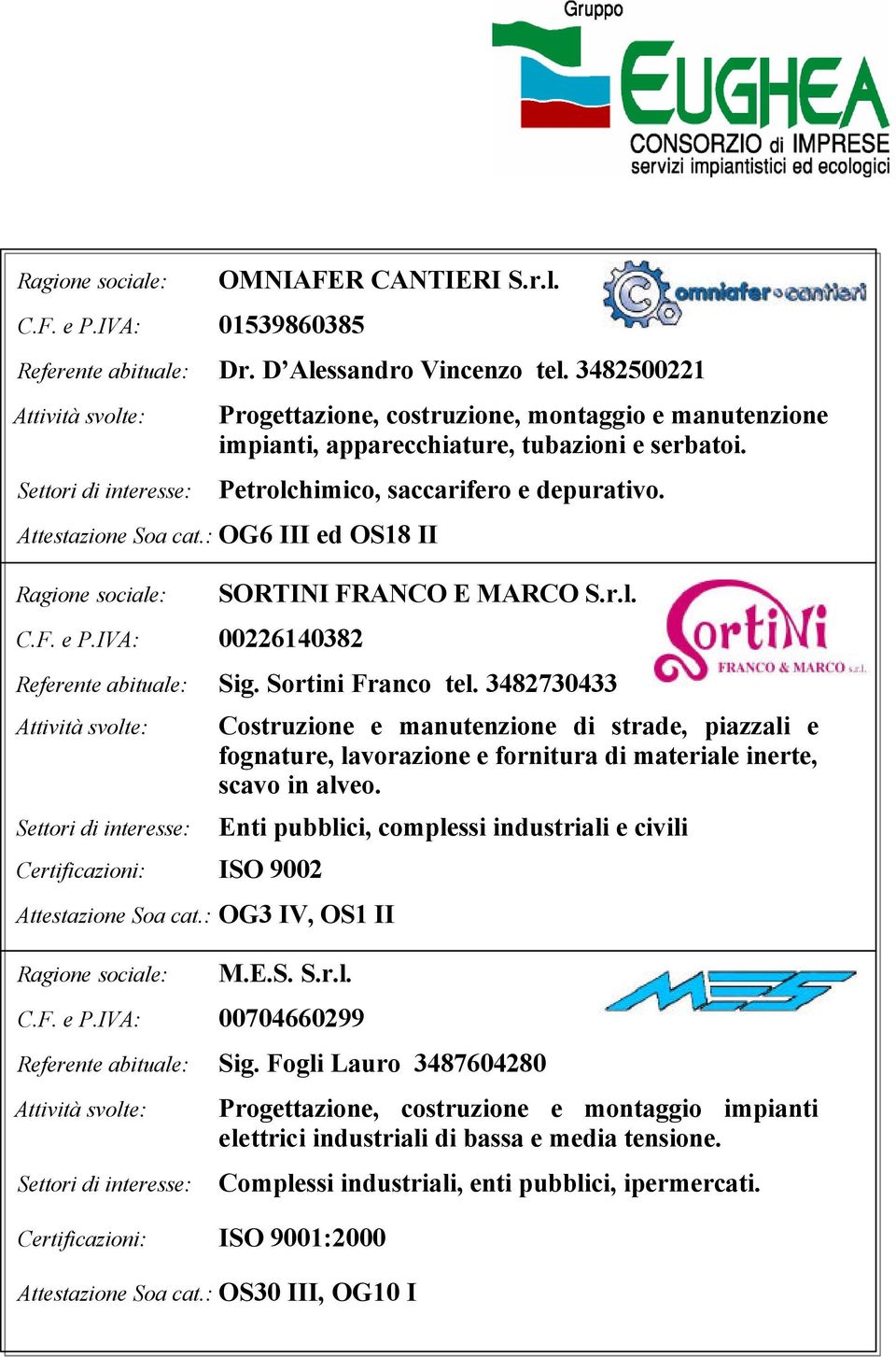 e P.IVA: 00226140382 SORTINI FRANCO E MARCO S.r.l. Referente abituale: Sig. Sortini Franco tel. 3482730433 Certificazioni: ISO 9002 Attestazione Soa cat.