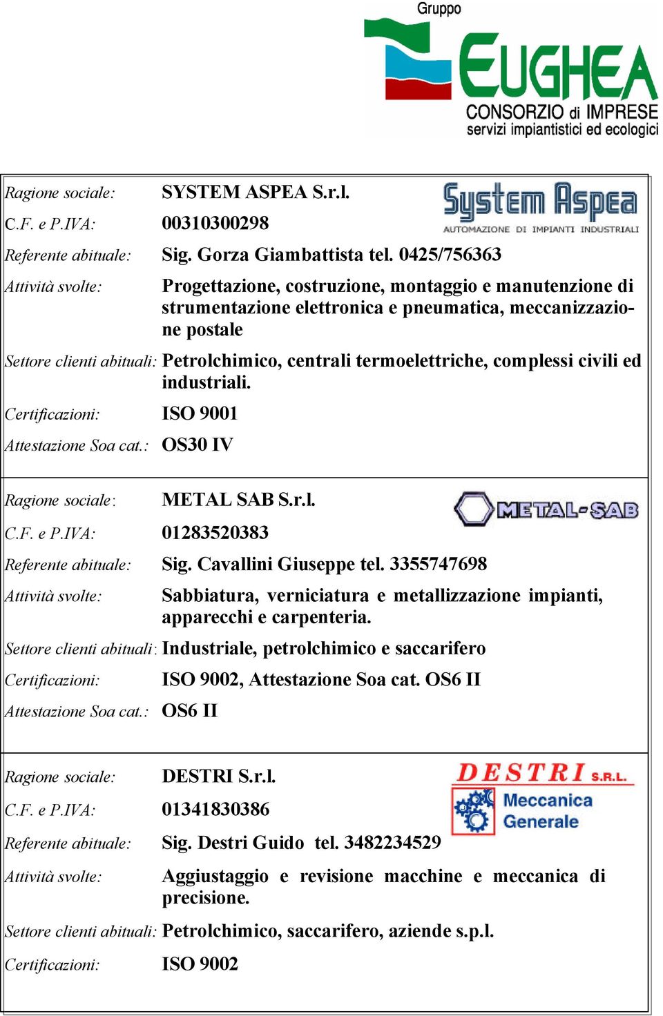 complessi civili ed industriali. Certificazioni: ISO 9001 Attestazione Soa cat.: OS30 IV METAL SAB S.r.l. C.F. e P.IVA: 01283520383 Referente abituale: Sig. Cavallini Giuseppe tel.