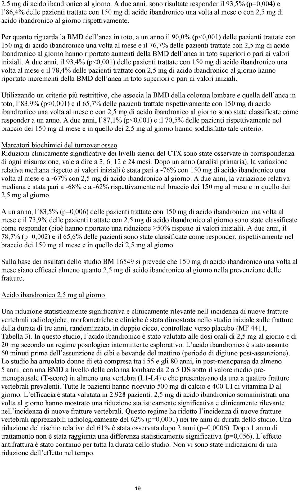 Per quanto riguarda la BMD dell anca in toto, a un anno il 90,0% (p<0,001) delle pazienti trattate con 150 mg di acido ibandronico una volta al mese e il 76,7% delle pazienti trattate con 2,5 mg di