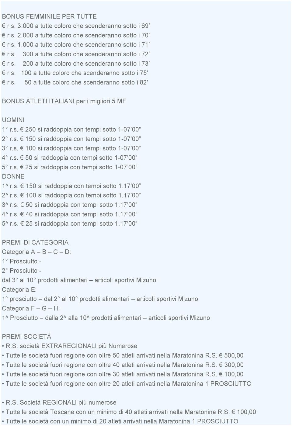 s. 250 si raddoppia con tempi sotto 1-07 00" 2 r.s. 150 si raddoppia con tempi sotto 1-07 00 3 r.s. 100 si raddoppia con tempi sotto 1-07 00 4 r.s. 50 si raddoppia con tempi sotto 1-07 00 5 r.s. 25 si raddoppia con tempi sotto 1-07 00 DONNE 1^ r.