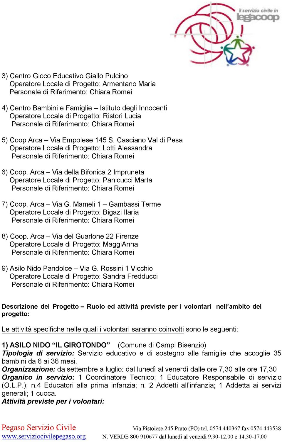 Mameli 1 Gambassi Terme Operatore Locale di Progetto: Bigazi Ilaria 8) Coop. Arca Via del Guarlone 22 Firenze Operatore Locale di Progetto: MaggiAnna 9) Asilo Nido Pandolce Via G.