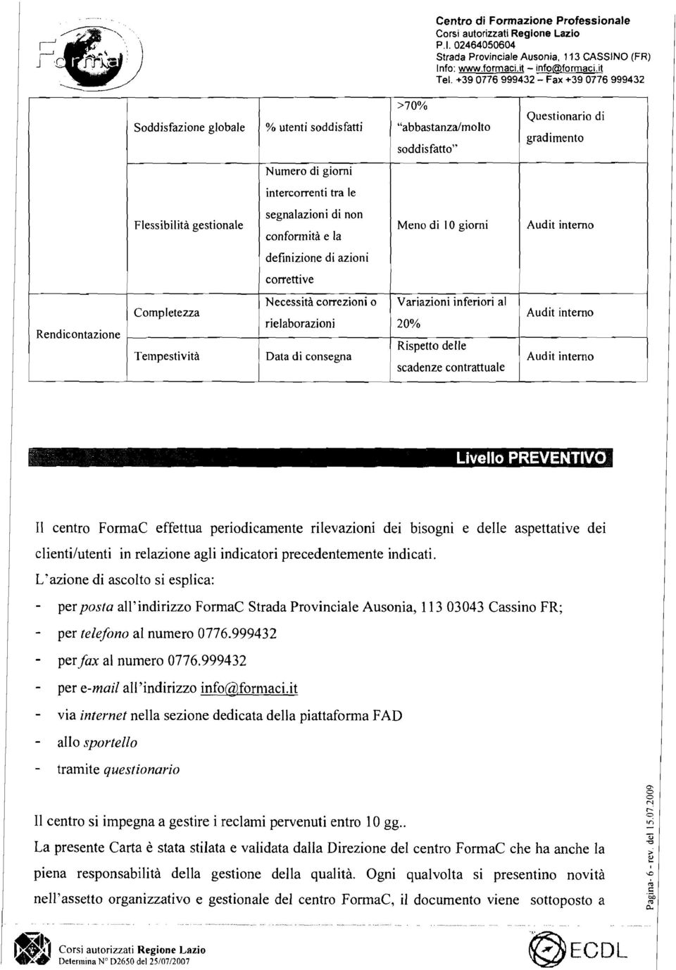 conformita e la Meno di 10 giomi Audit intemo definizione di azioni correttive Completezza Necessita correzioni 0 rielaborazioni Variazioni inferiori al 20% Audit intemo Tempestivita Data di consegna