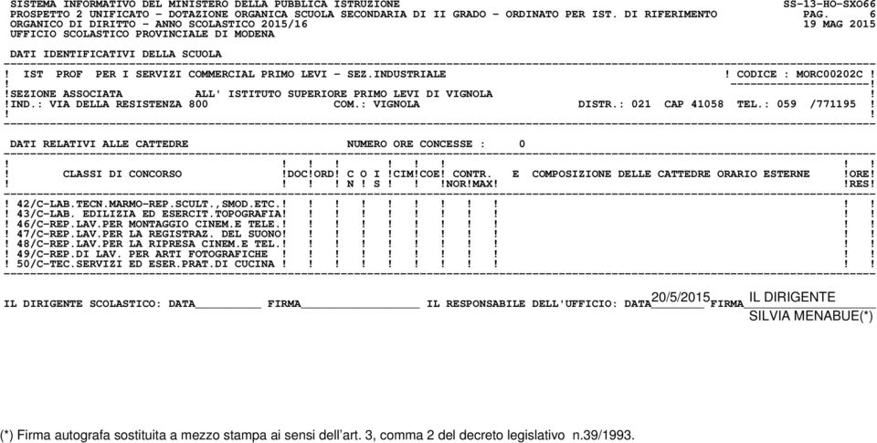 : 021 CAP 41058 TEL.: 059 /771195!! N! S!NOR!MAXRES!! 42/C-LAB.TECN.MARMO-REP.SCULT.,SMOD.ETC.!! 43/C-LAB. EDILIZIA ED ESERCIT.TOPOGRAFIA!! 46/C-REP.LAV.