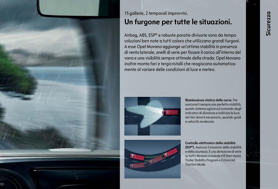 Opel Movano inoltre monta fari e tergicristalli che reagiscono automaticamente al variare delle condizioni di luce e meteo. Sicurezza Illuminazione statica delle curve.