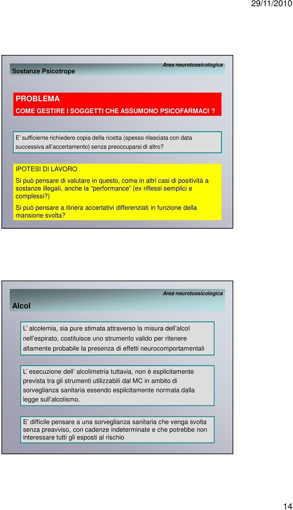 IPOTESI DI LAVORO Si può pensare di valutare in questo, come in altri casi di positività a sostanze illegali, anche la performance (ex riflessi semplici e complessi?