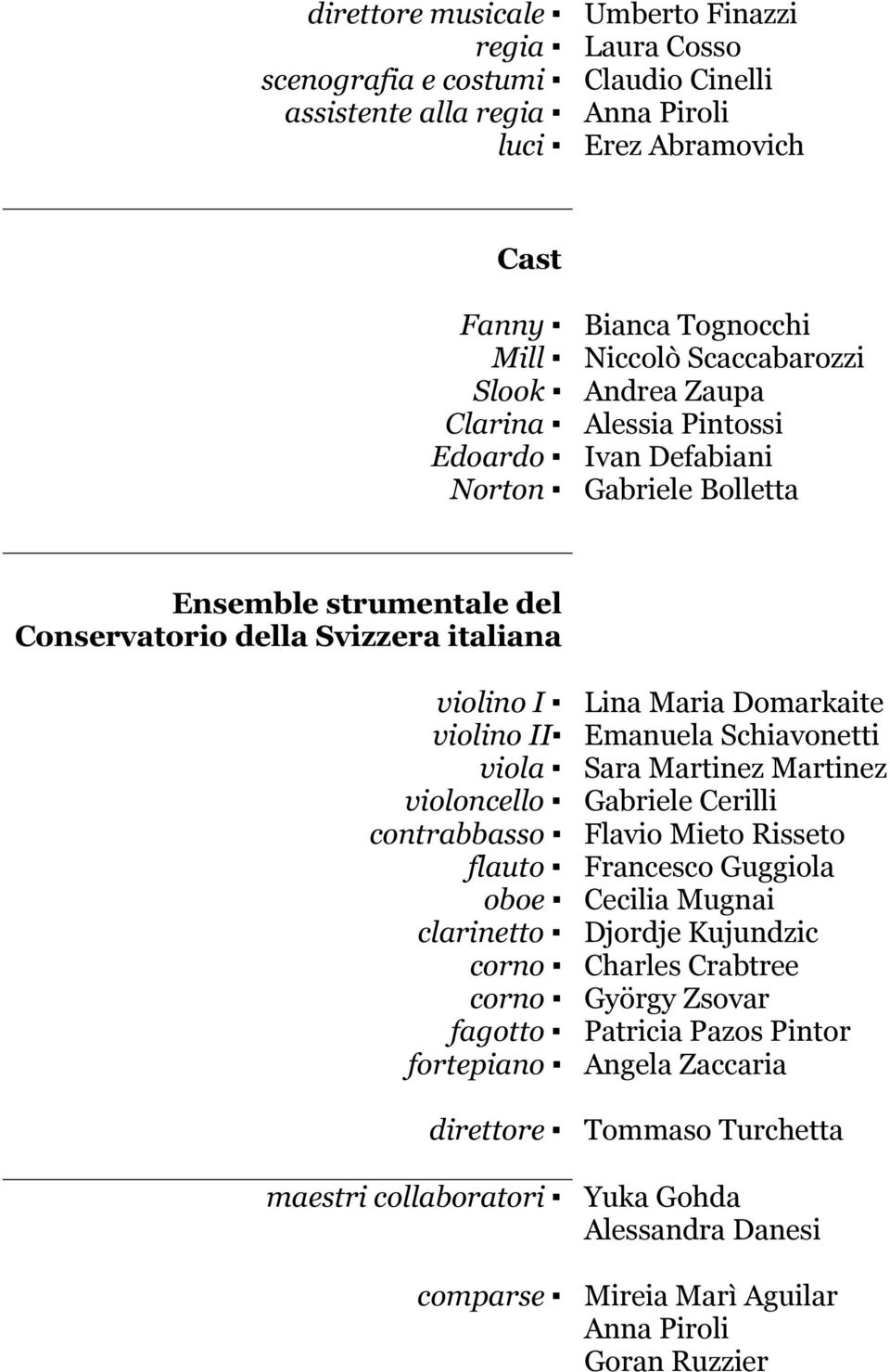 Domarkaite violino II Emanuela Schiavonetti viola Sara Martinez Martinez violoncello Gabriele Cerilli contrabbasso Flavio Mieto Risseto flauto Francesco Guggiola oboe Cecilia Mugnai clarinetto