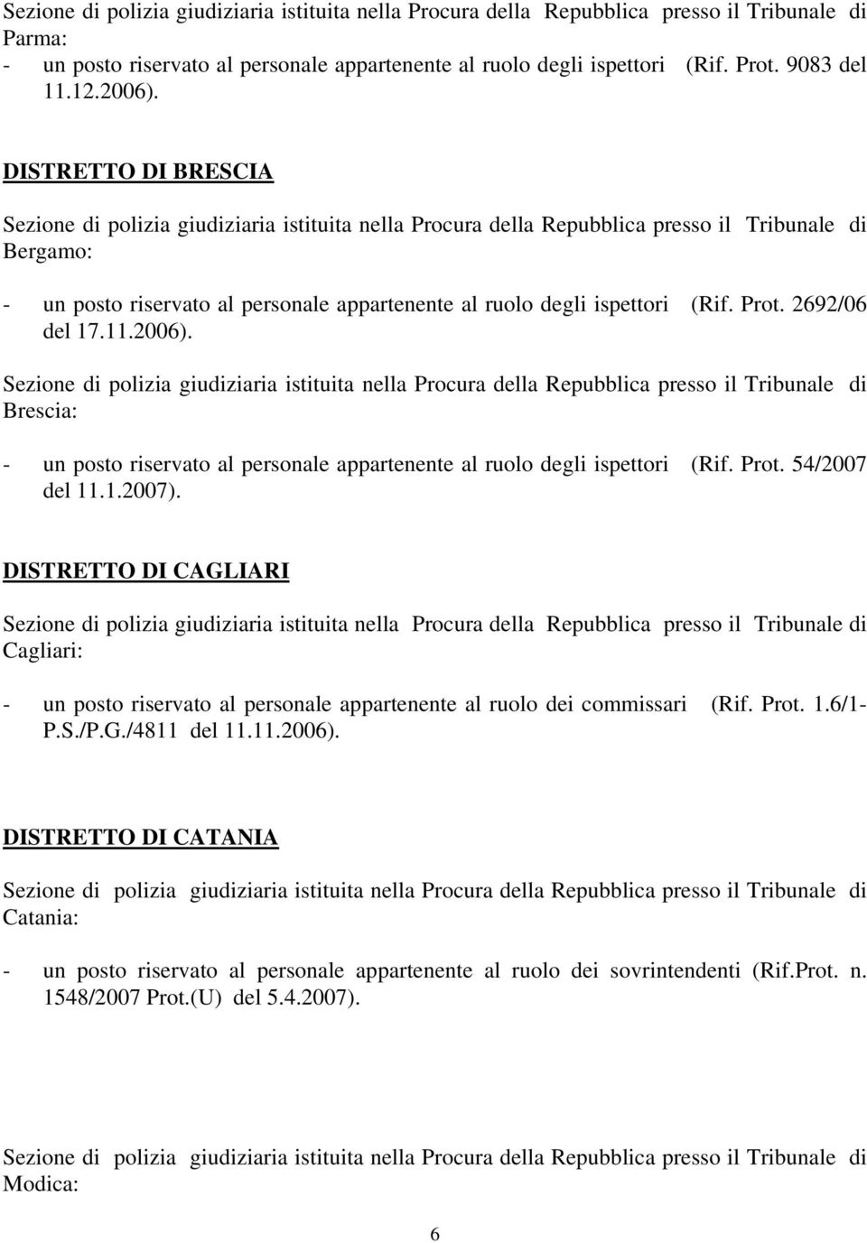 Brescia: - un posto riservato al personale appartenente al ruolo degli ispettori (Rif. Prot. 54/2007 del 11.1.2007).