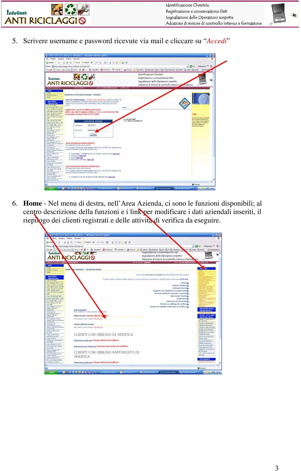 al centro descrizione della funzioni e i link per modificare i dati aziendali