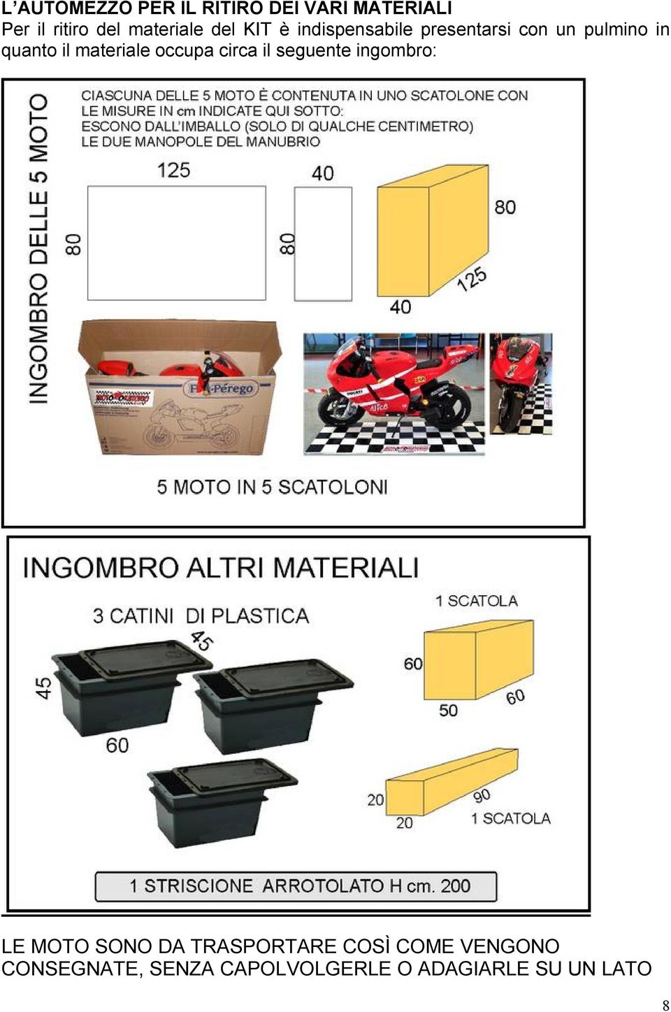 il materiale occupa circa il seguente ingombro: LE MOTO SONO DA