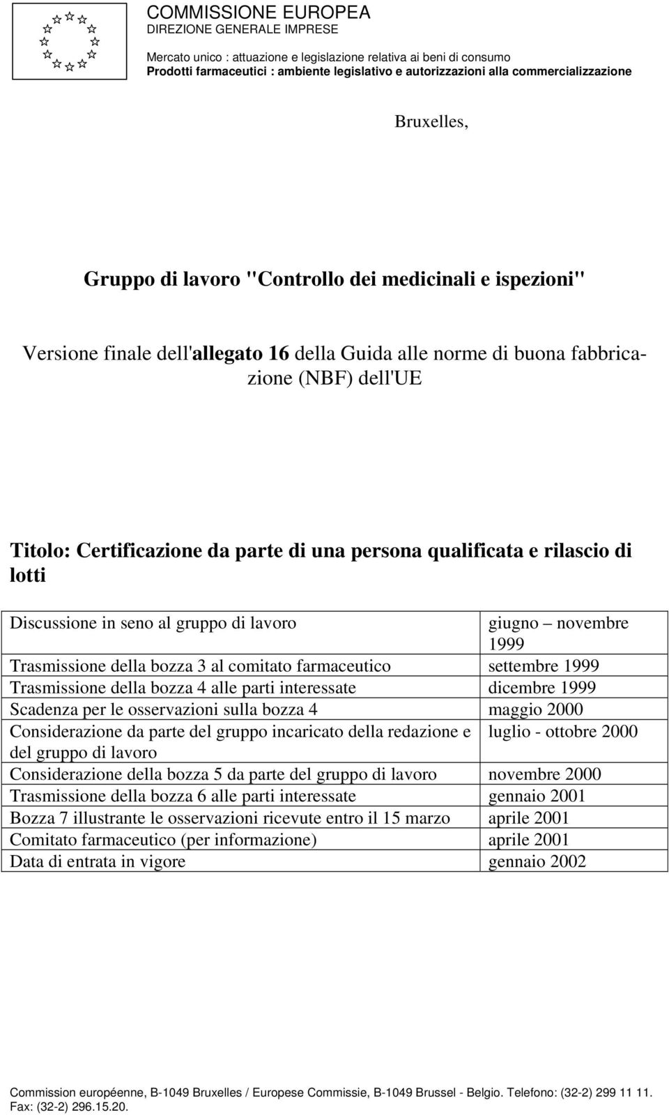 Certificazione da parte di una persona qualificata e rilascio di lotti Discussione in seno al gruppo di lavoro giugno novembre 1999 Trasmissione della bozza 3 al comitato farmaceutico settembre 1999