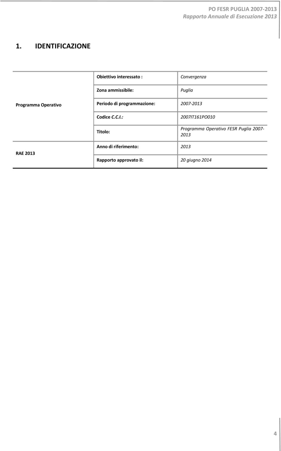 C.I.: Titolo: 2007IT161PO010 Programma Operativo FESR Puglia 2007-2013