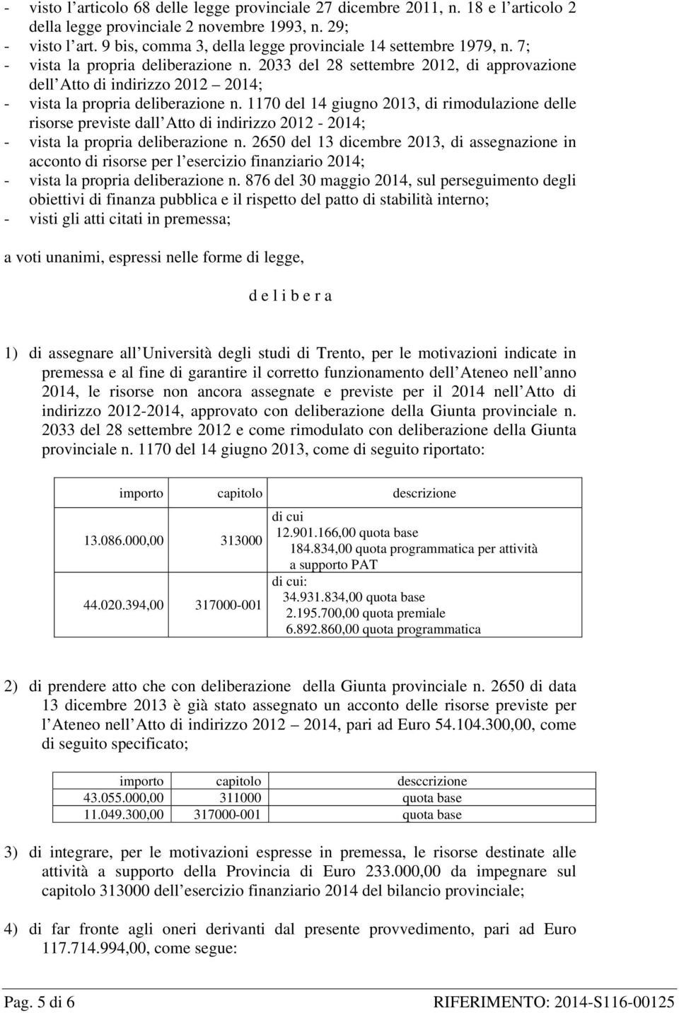 2033 del 28 settembre 2012, di approvazione dell Atto di indirizzo 2012 2014; - vista la propria deliberazione n.