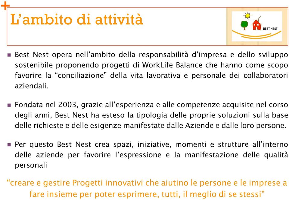 n Fondata nel 2003, grazie all esperienza e alle competenze acquisite nel corso degli anni, Best Nest ha esteso la tipologia delle proprie soluzioni sulla base delle richieste e delle esigenze