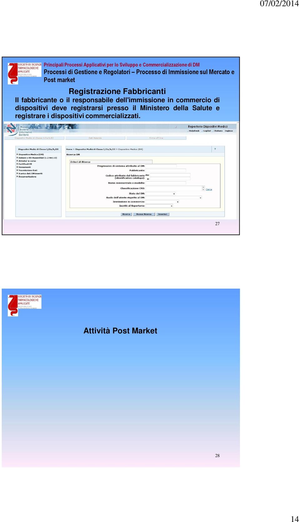27 Processi di Gestione e Regolatori Processo di Immissione sul Mercato e Post market Informazioni di Ritorno Attività Post Market Mantenimento Sistema