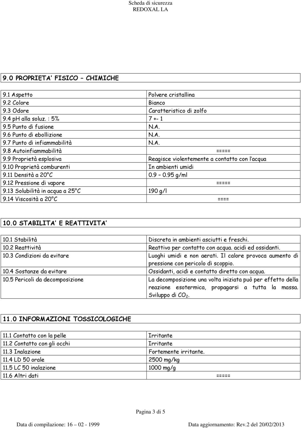 12 Pressione di vapore ===== 9.13 Solubilità in acqua a 25 C 190 g/l 9.14 Viscosità a 20 C ==== 10.0 STABILITA E REATTIVITA 10.1 Stabilità Discreta in ambienti asciutti e freschi. 10.2 Reattività Reattivo per contatto con acqua.