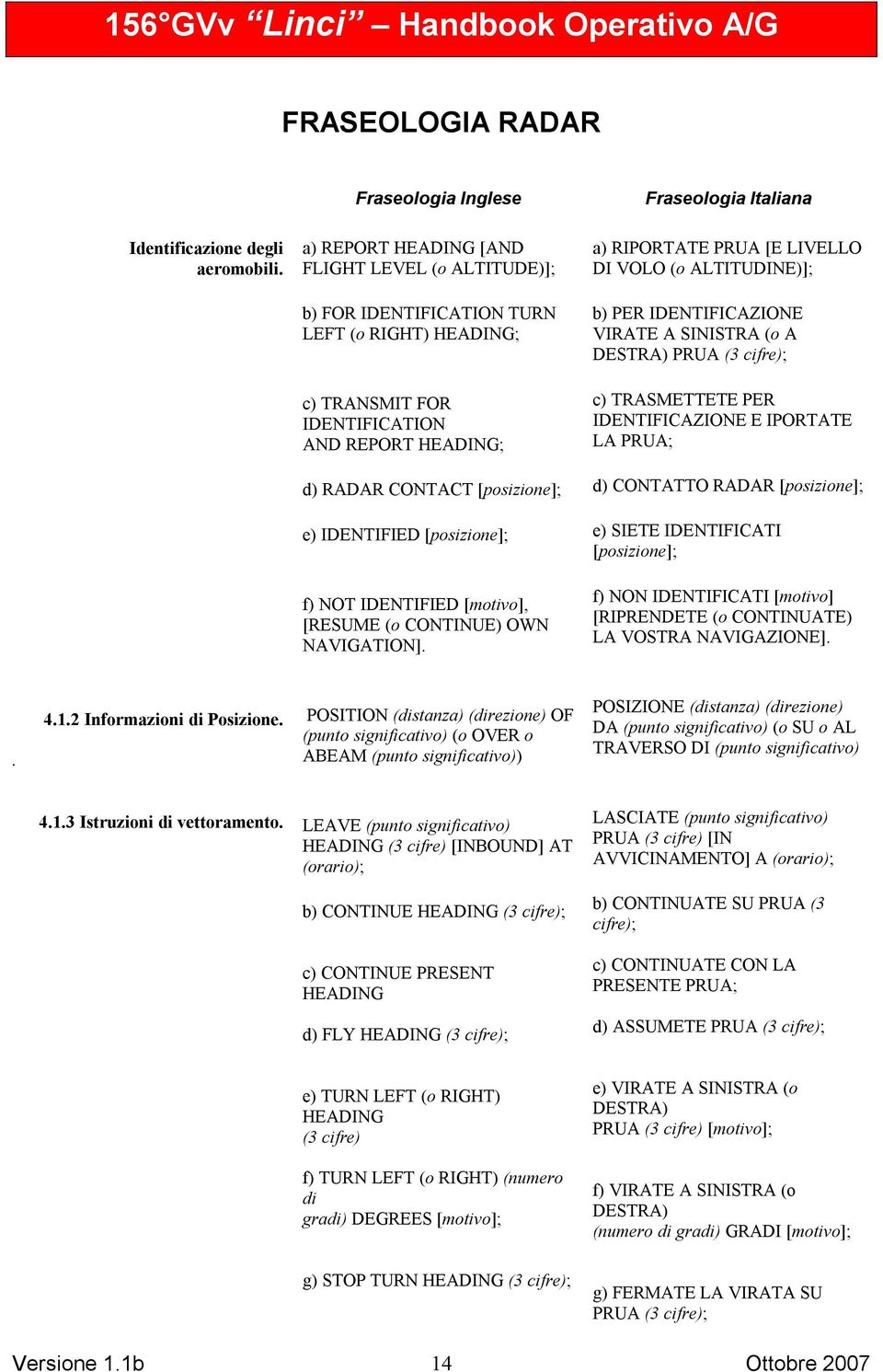 A DESTRA) PRUA (3 cifre); c) TRANSMIT FOR IDENTIFICATION AND REPORT HEADING; c) TRASMETTETE PER IDENTIFICAZIONE E IPORTATE LA PRUA; d) RADAR CONTACT [posizione]; d) CONTATTO RADAR [posizione]; e)