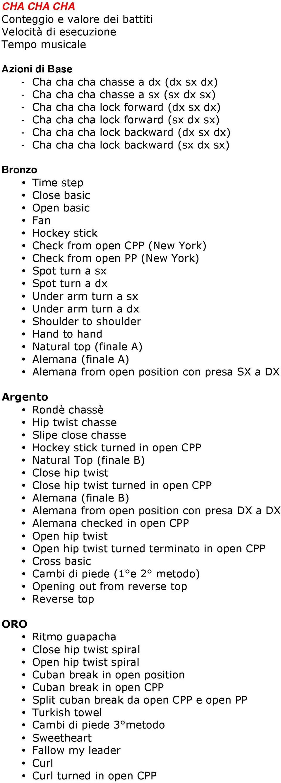 Under arm turn a sx Under arm turn a dx Shoulder to shoulder Hand to hand Natural top (finale A) Alemana (finale A) Alemana from open position con presa SX a DX Argento Rondè chassè Hip twist chasse