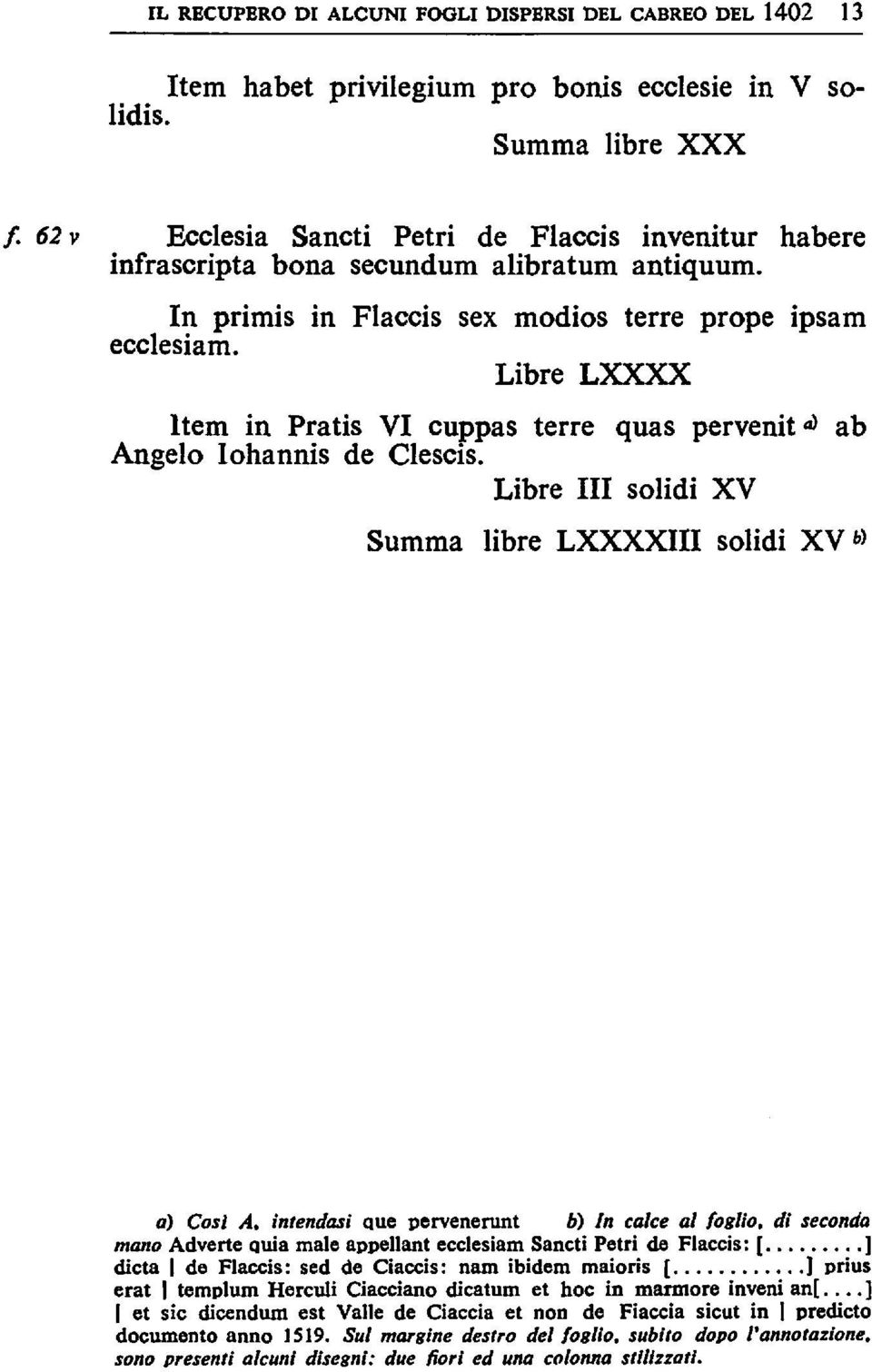 Libre LXXXX ltem in Pratis VI cuppas terre quas pervenit al ab Angelo lohannis de Clescis. Libre III solidi XV Summa libre LXXXXlII solidi XV b) o) Cosi A.