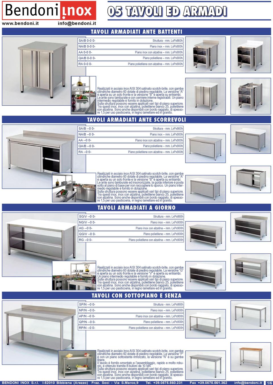 TAVOLI ARMADIATI ANTE SCORREVOLI SA/B --0 0- NA/B --0 0- AA --0 0- QA/B --0 0- RA --0 0- Piano cilindriche diametro 60 dotate di piedino regolabile.