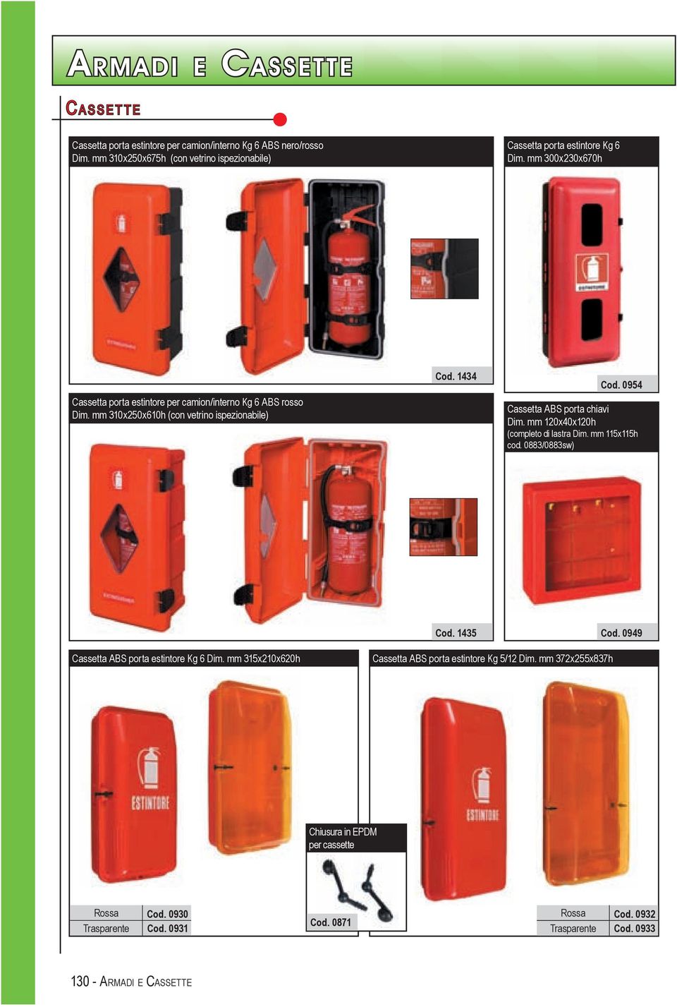 0954 Cassetta ABS porta chiavi Dim. mm 120x40x120h (completo di lastra Dim. mm 115x115h cod. 0883/0883sw) Cod. 1435 Cod. 0949 Cassetta ABS porta estintore Kg 6 Dim.