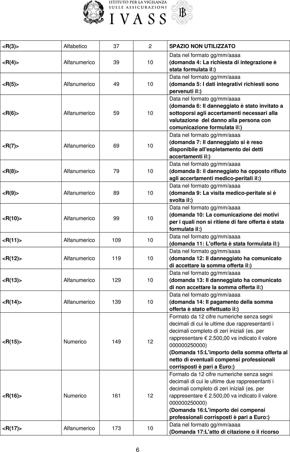 Alfanumerico 173 10 (domanda 4: La richiesta di integrazione è stata formulata il:) (domanda 5: I dati integrativi richiesti sono pervenuti il:) (domanda 6: Il danneggiato è stato invitato a