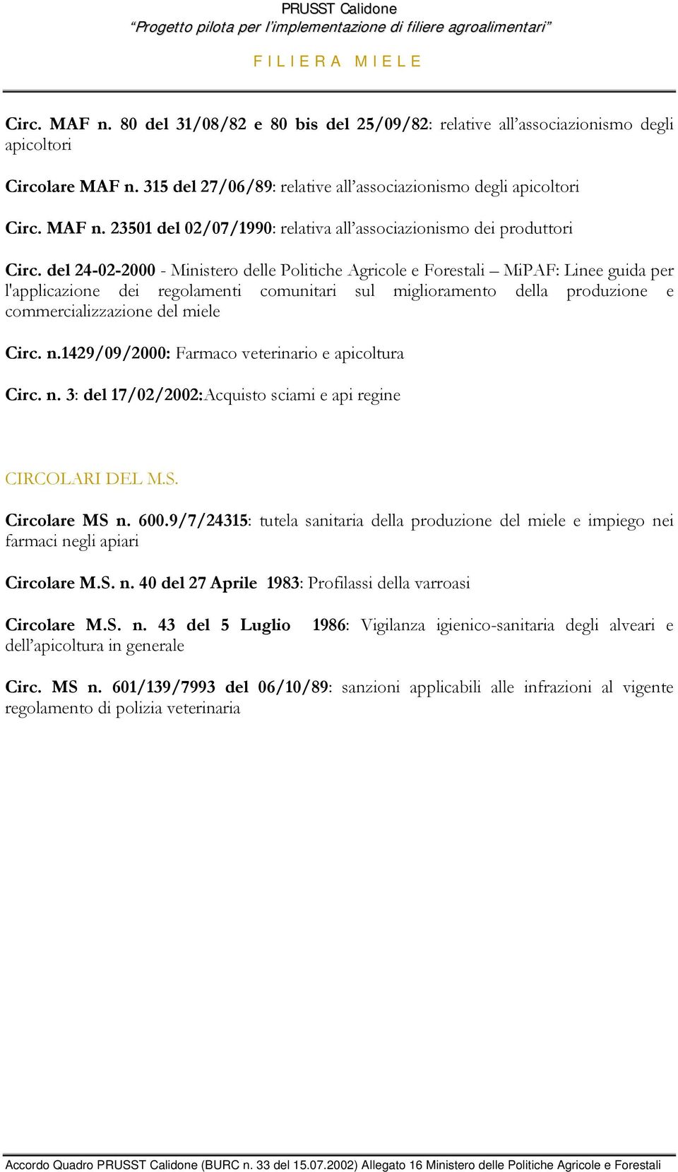 del 24-02-2000 - Ministero delle Politiche Agricole e Forestali MiPAF: Linee guida per l'applicazione dei regolamenti comunitari sul miglioramento della produzione e commercializzazione del miele