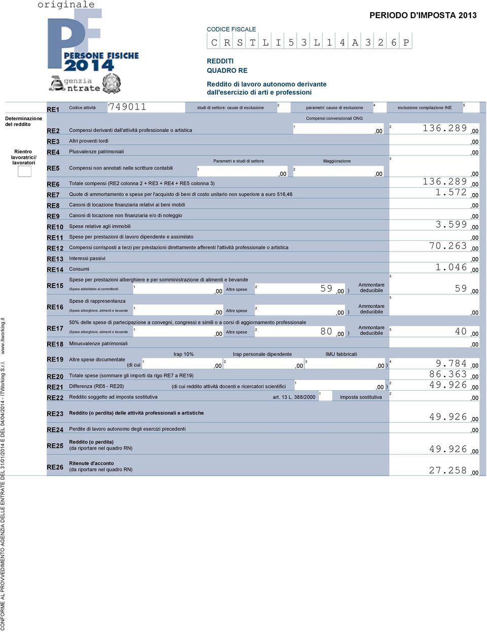 settore: cause di esclusione parametri: cause di esclusione Compensi convenzionali ONG RE Compensi derivanti dall'attività professionale o artistica RE Altri proventi lordi RE Plusvalenze